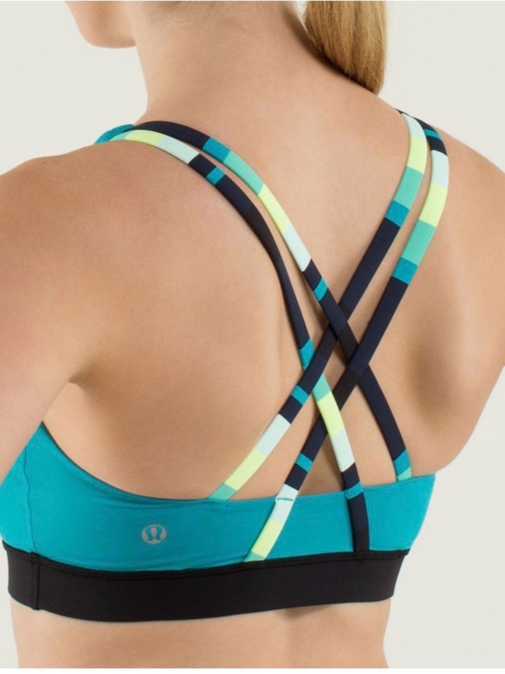 🍋 Lululemon Energy Bra Teal Sports Bra with Multicolor Strappy Back size 6